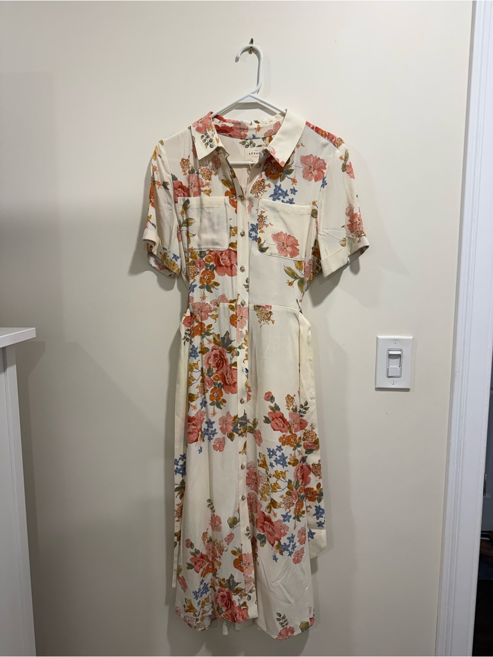 NWT. Sezane Adele Midi Dress Calvi Print, Cream Floral with Pink & Blue Blooms - Picture 4 of 7